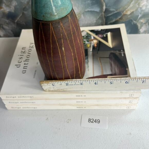 Studio Art Vase Pottery Stoneware Blue Brown Geometric Carved Sullivan Vermont - Picture 5 of 6